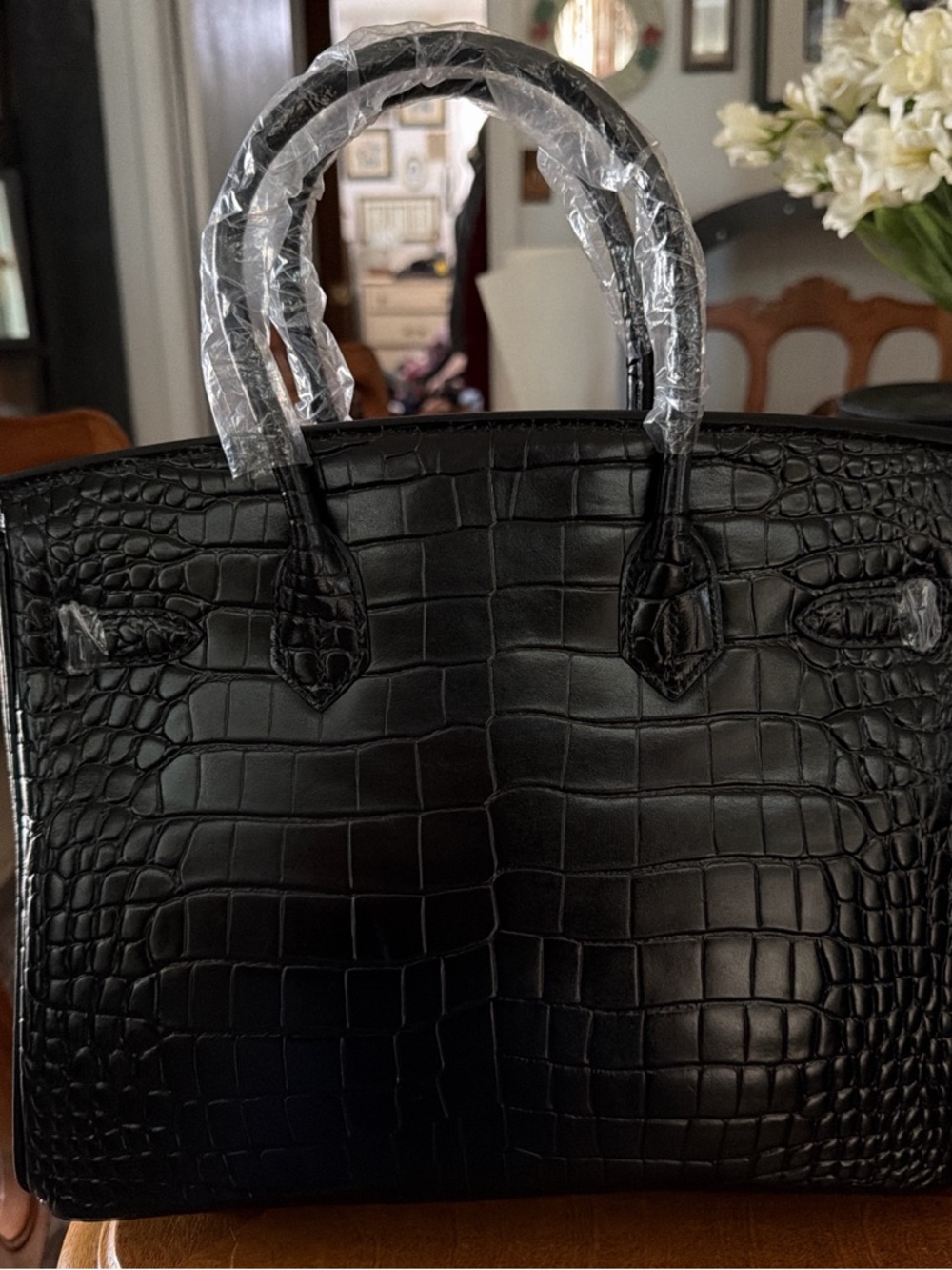 Black Croc-Embossed Structured Tote